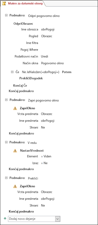 Posnetek zaslona makra v Accessu s štirimi podmakri in dejanji.