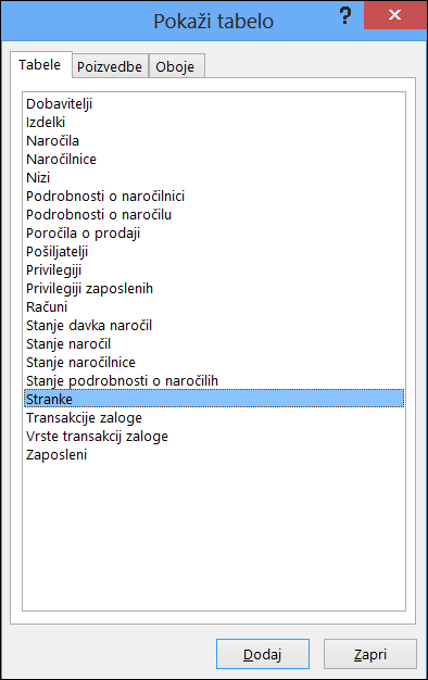 Prikaže pogovorno okno »Tabela« v Accessu, kjer so prikazana imena tabel