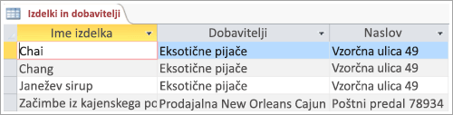 Izrezek zaslona s podatki o izdelkih in dobaviteljih