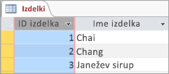 Izrezek zaslona tabele »Izdelki«