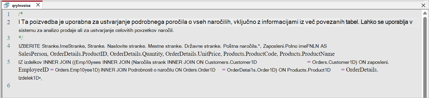 Primer komentarjev v Monaku sql urednik