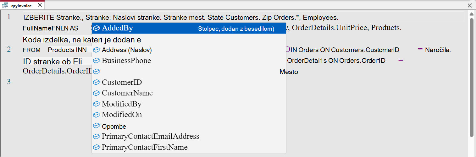Posnetek zaslona, na katerem je prikazana funkcija samodokončanja v Monaku.