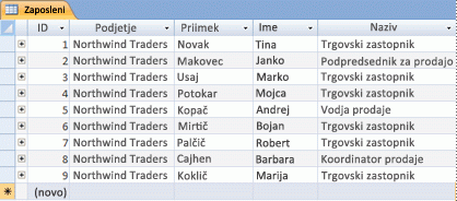 Tabela »Zaposleni« v pogledu podatkovnega lista