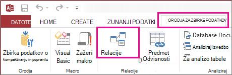 Gumb »Relacije« na zavihku »Orodja za zbirke podatkov«
