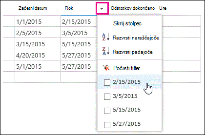 Uporaba filtra v polju »Rok« v podatkovnem listu.