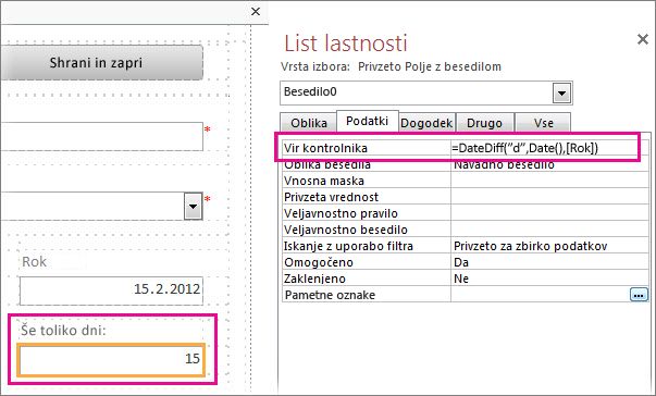 Vnos funkcije »DateDiff« v lastnost vira kontrolnikov polja z besedilom.