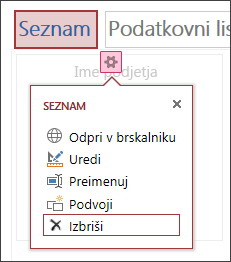 Meni z nastavitvami pogleda seznama z označeno možnostjo »Izbriši«