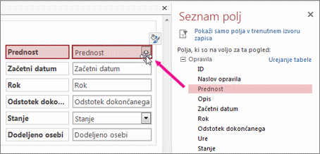 Vlečenje polja s seznama polj v pogled.