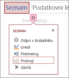 Meni z nastavitvami pogleda seznama z označeno možnostjo »Podvoji«