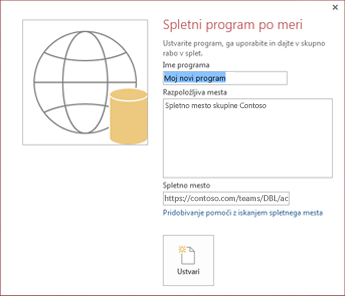 Pogovorno okno za novi spletni program po meri, ki v polju »Razpoložljiva mesta« označuje spletno mesto podjetja Contoso.