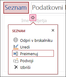 Meni z nastavitvami pogleda seznama z označeno možnostjo »Preimenuj«