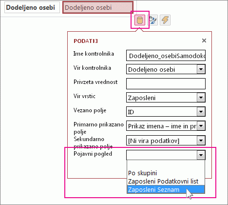 Izbiranje pojavnega pogleda za kontrolnik »Samodokončaj«.