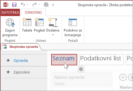 Izbiranje pogleda v Accessu.