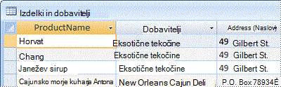 Primer tabele z izdelki in dobavitelji