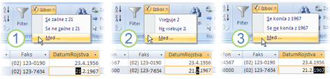 Filtri glede na delno izbrano polje