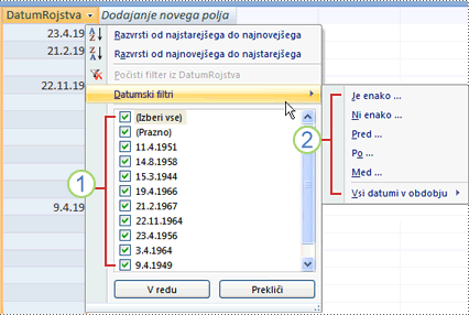 Skupni datumski filtri