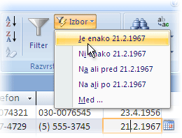 Seznam filtrov na podlagi izbora