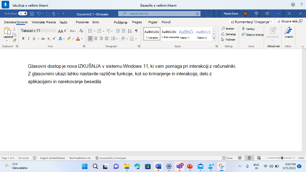 Word dokument, ki prikazuje ukaz za glasovni dostop z velikimi črkami.