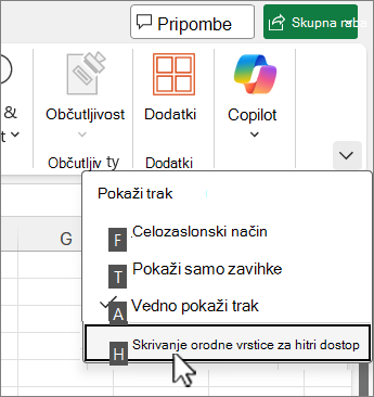 Ukaz na tipkovnici za skrivanje orodne vrstice za hitri dostop