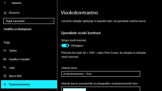 Vklopite visokokontrastni način v aplikaciji Nastavitve v sistemu Windows 10.