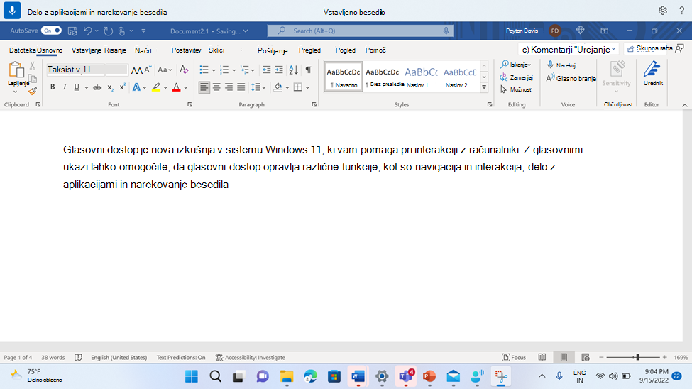 Word dokument, ki prikazuje ukaz za glasovni dostop za vstavljanje besedila.
