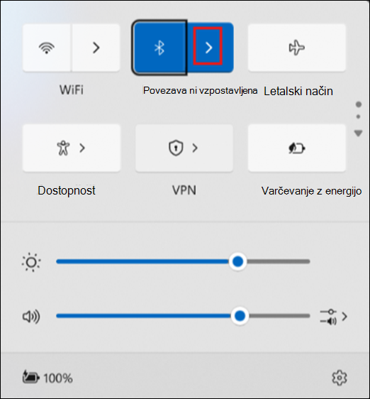 Gumb za upravljanje naprav Bluetooth v hitrih nastavitvah.