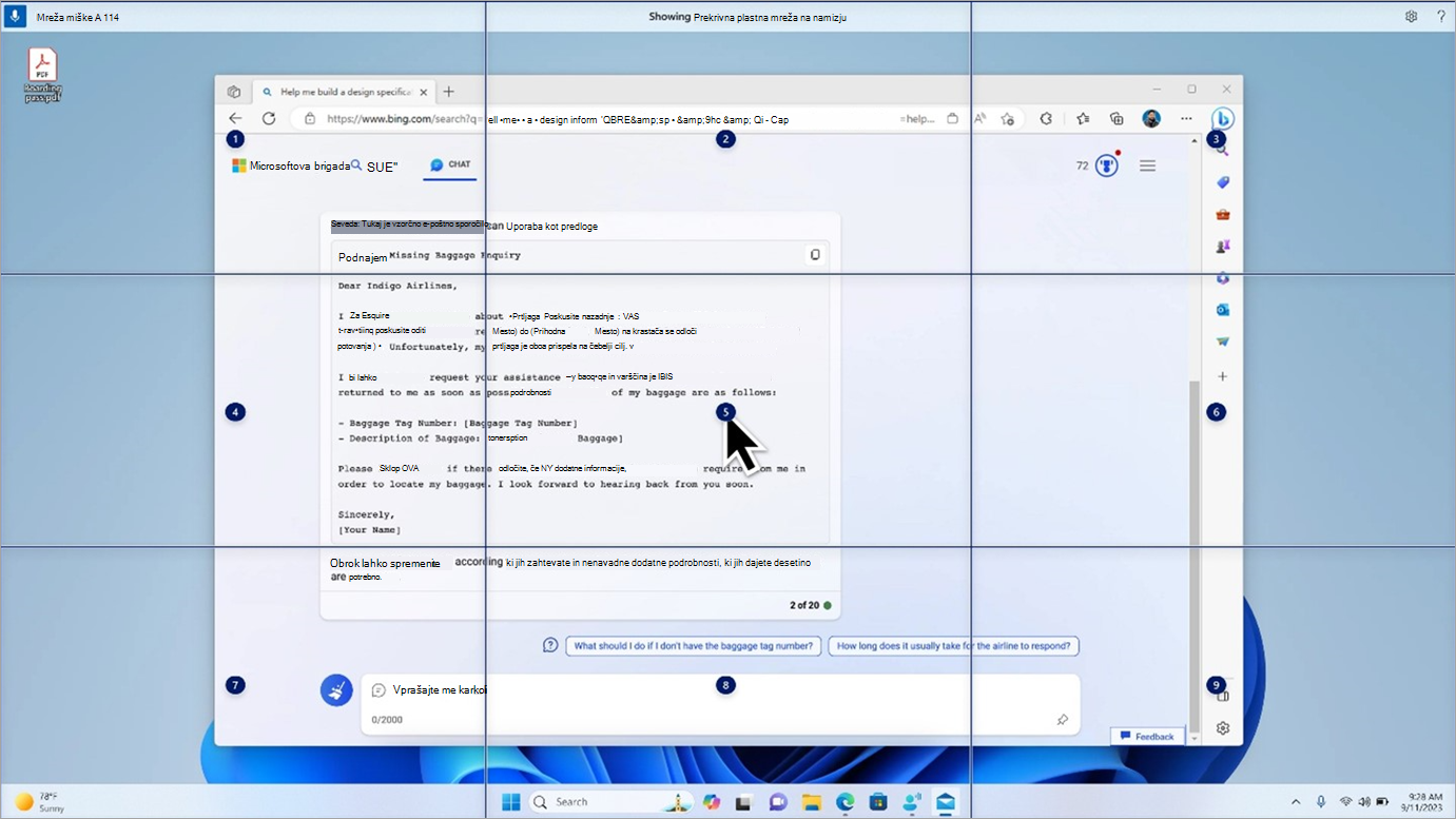 Monitor A z mrežo miške, ki prikazuje kazalec na središčni mreži številka 5.