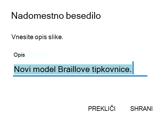 Pogovorno okno z nadomestnim besedilom v Outlooku za Android.