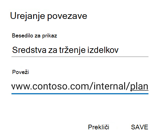Pogovorno okno »Urejanje povezave« v Outlooku za Android.