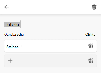 Besedilno polje z imenom tabele v Excelu za Android