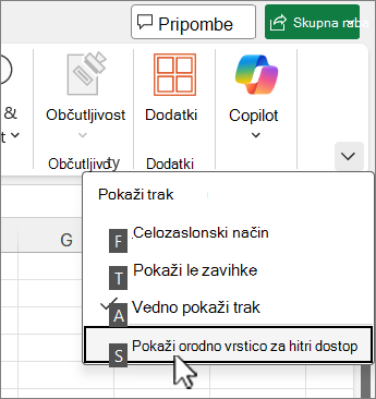 Ukaz na tipkovnici za prikaz orodne vrstice za hitri dostop
