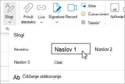 Meni »Slogi« v Outlooku v spletu.