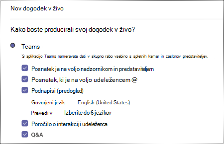Pogovorno okno za izbiro možnosti Vprašanja in odgovori za dogodek v živo Teams pri načrtovanju dogodka.