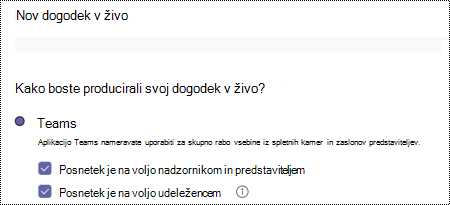 Pogovorno okno za izbiro možnosti snemanja za dogodek v živo Teams pri načrtovanju dogodka.