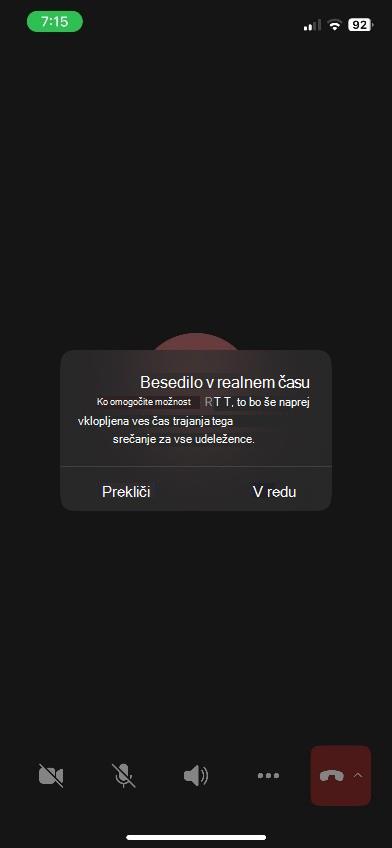 Okno srečanja v aplikaciji Teams s ploščo RTT na dnu naprave s sistemom iOS.