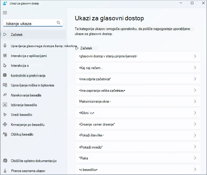 Glavna stran pomoči za ukazi za glasovni dostop.