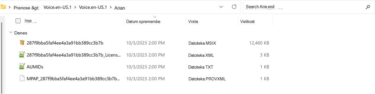 Posnetek zaslona ekstrahirane mape glasovnega paketa.