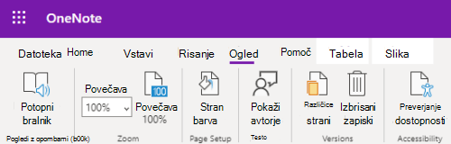 Kontrolniki za povečavo v programu OneNote za splet.