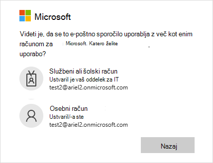 Zaslon za prijavo z dvema e-poštnima naslovoma