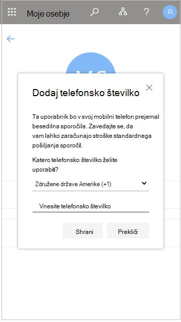 Dodajanje telefonske številke uporabnika v moje osebje