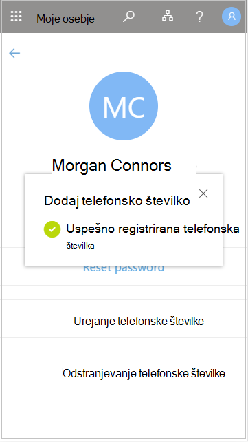 Shranjevanje dodane telefonske številke uporabnika v razdelek »Moje osebje«