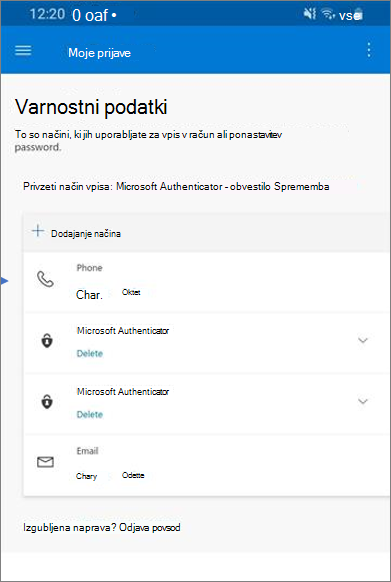 Stran z nedavno dejavnostjo z varnostnimi podatki