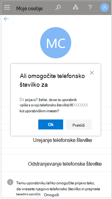 Posnetek zaslona, na katerem je prikazana možnost »Omogoči telefonsko številko za vpis«?