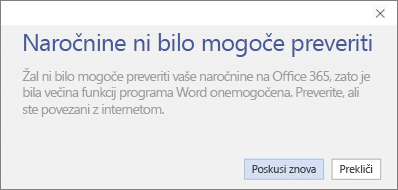 Posnetek zaslona sporočila o napaki »Naročnine ni bilo mogoče