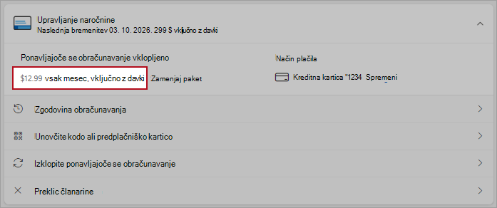 Posnetek zaslona, ki prikazuje podrobnosti o možnosti preklopa paketa v ponavljajočih se možnostih obračunavanja.