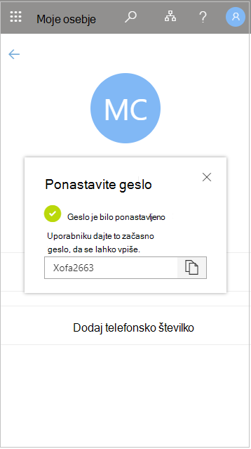 Kopiranje začasnega uporabniškega gesla po ponastavitvi v razdelku »Moje osebje«