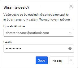 Posnetek zaslona, na katerem je prikazano pogovorno okno, ki ponuja shranjevanje gesla