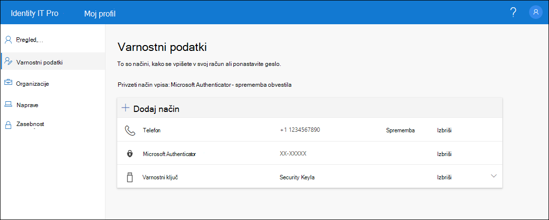 Stran z varnostnimi podatki s prikazanimi vsemi registriranimi načini