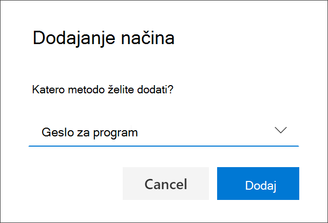 Polje »Dodaj način« z izbranim geslom za aplikacijo