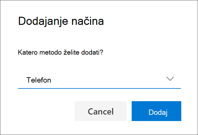 Polje »Dodaj način« z izbrano možnostjo »Telefon«